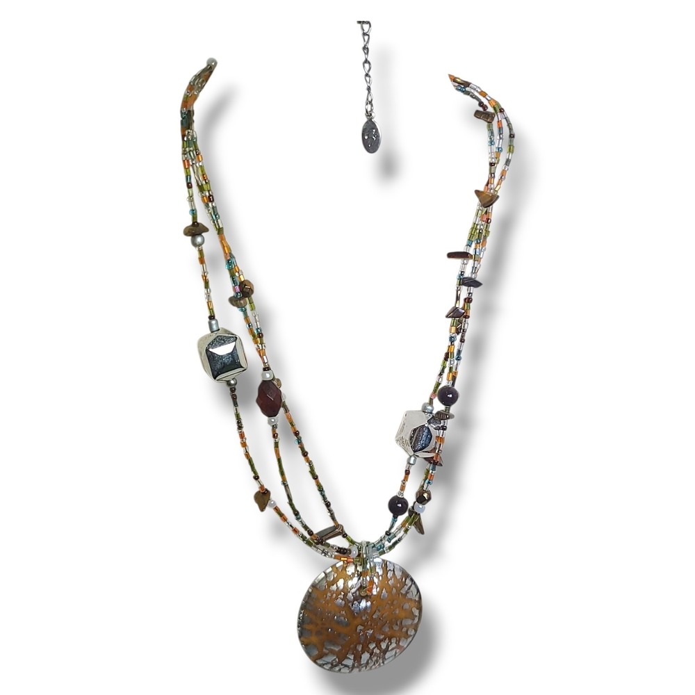 Vintage Multi-strand Beaded Necklace Large Round Art Glass Pendant Signed Cg - Picture 6 of 7